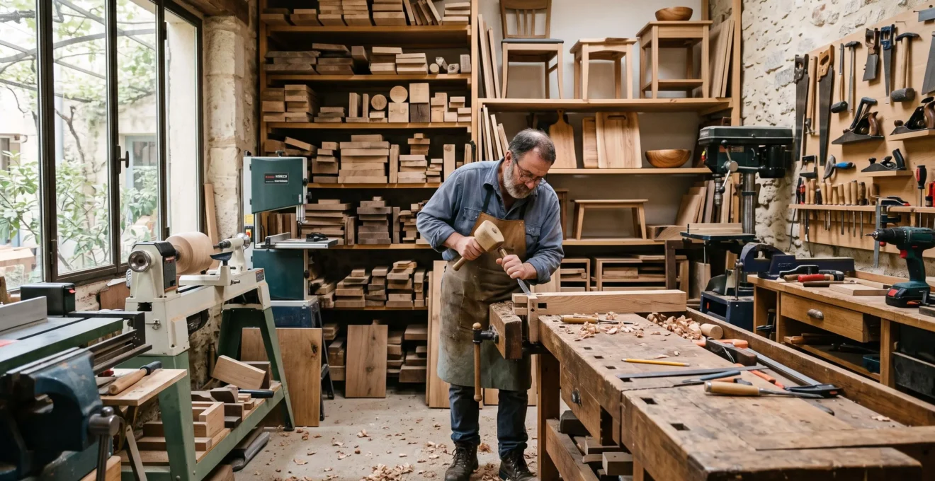 Artisan menuisier travaillant dans son atelier avec outils, équipement et stock de bois visible