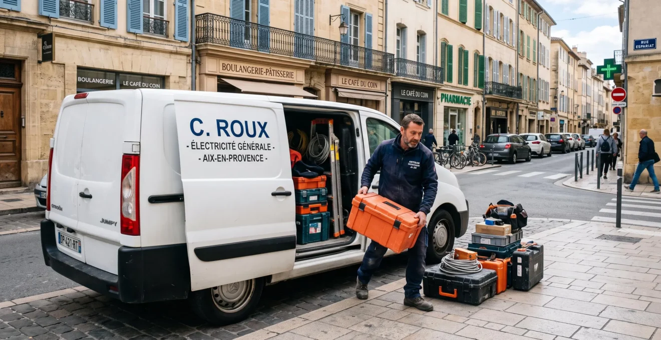 Électricien professionnel effectuant une intervention technique sur une installation électrique chez un client