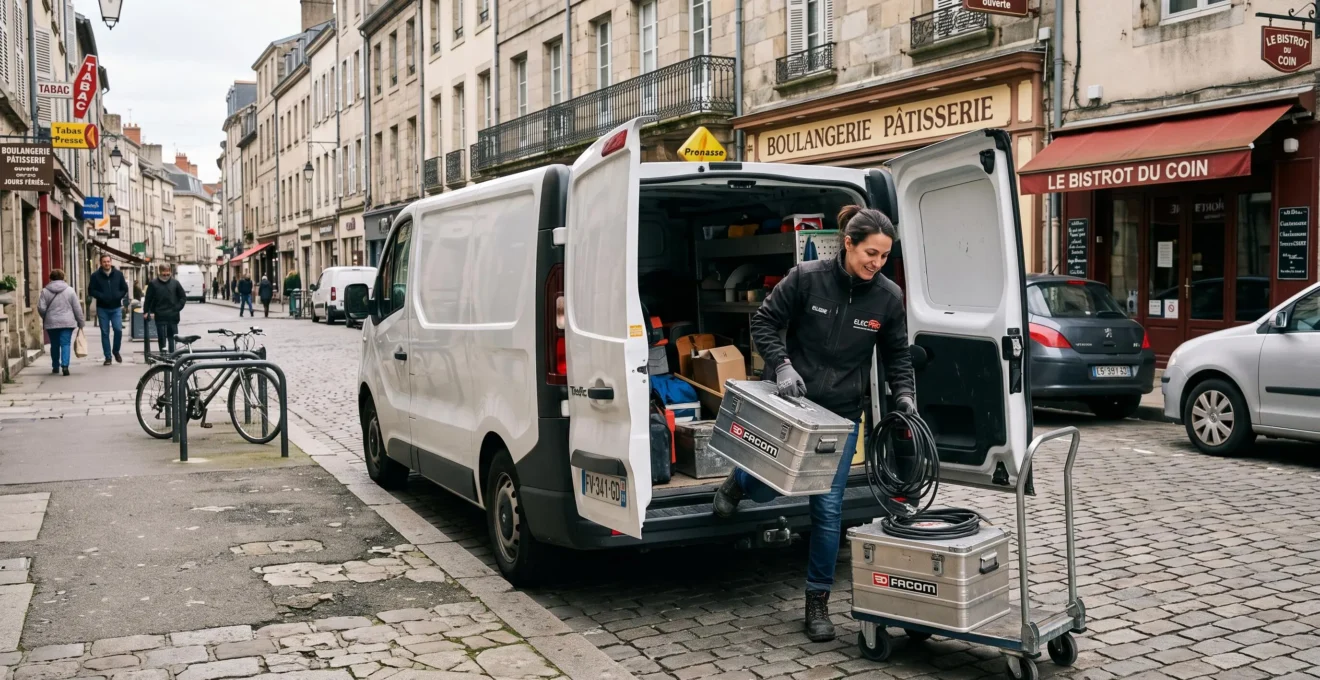Professionnel utilisant son véhicule utilitaire pour le transport d'équipement ou de marchandises dans un contexte urbain